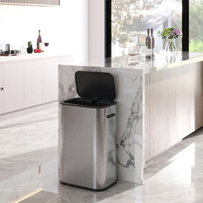 HOMCOM Cubo sensor 55 L para cocina, cubo de basura sin contacto de acero inoxidable, a pilas, Plata