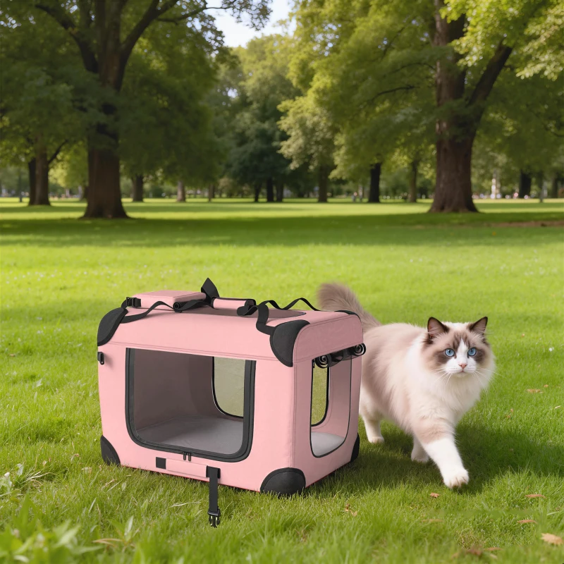 PawHut Transportadora Dobrável para Cães 60x41,5x41 cm com Janelas de Rede, Almofada Macia e 2 Alças para Mini Cães e Gatos Rosa