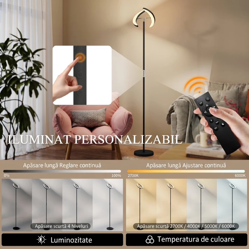 HOMCOM Lampă de Podea Reglabilă cu Telecomandă și Două Capete Rotative 350°, Reglare Temperatură Culoare 2700K-6000K, pentru Living și Dormitor, Negru