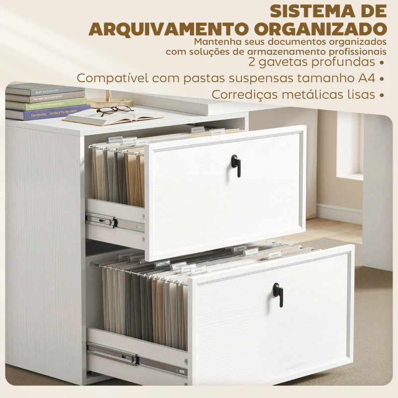 HOMCOM Secretária Reversível em Forma de L com 2 Gavetões Arquivadores, Design Moderno para Espaços Pequenos, Escritório Branco