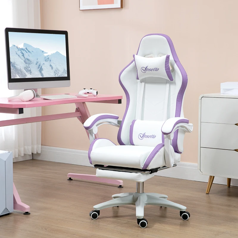 Vinsetto Cadeira Gaming de Couro PU com Altura Ajustável Reclinável 135° e Apoio para os Pés Retrátil 65x65x121-129 cm Branco e Roxo