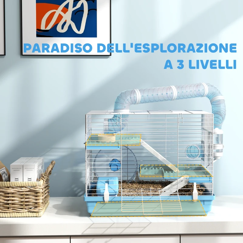 PawHut Gabbia per Criceti a 3 Piani con Casetta, Ruota, Ciotola per Cibo, Bottiglia e Tubi, Azzurro