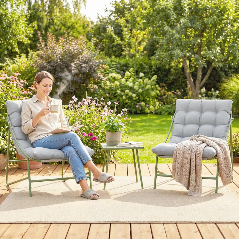 Outsunny Balkonmöbel Set 3 teilig Gartenmöbel Set mit Tisch Kissen Stahlgestell verstellbar Fußpads Hellgrau