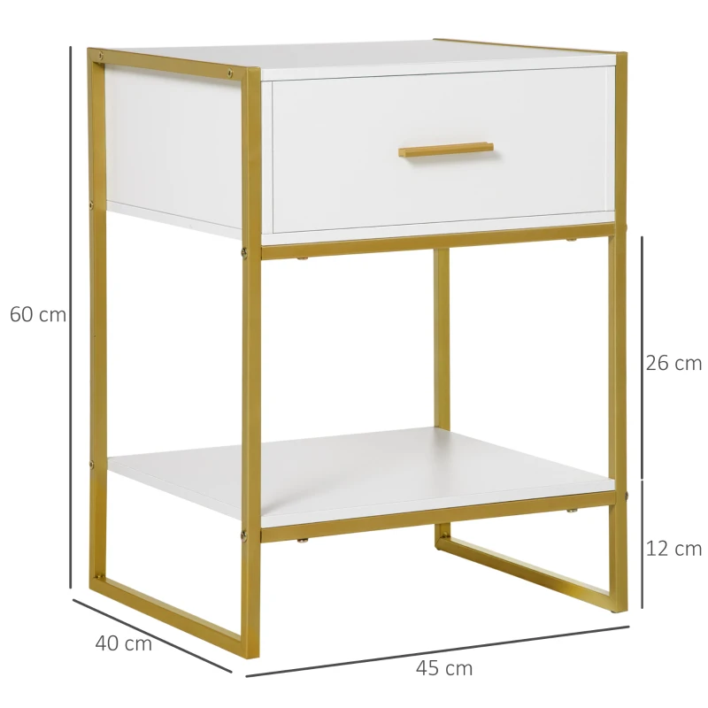 HOMCOM Mesa de Cabeceira Mesa Auxiliar com 1 Gaveta e Prateleira de Armazenamento para Dormitórios Sala de Estar Escritório Estilo Moderno 45x40x60cm Branco