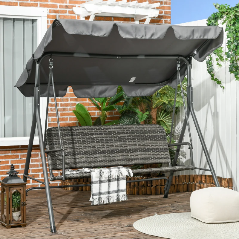 Outsunny Leagăn de Grădină pentru 3 Persoane cu Acoperiș Reglabil din Ratan PE, 167x112x153cm, Gri Închis(m-2)