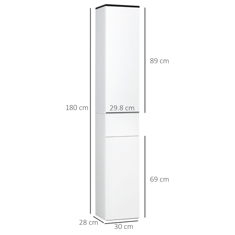 kleankin Mobile Bagno con Ripiano Regolabile, 2 Ripiani Chiusi e un Cassetto in Legno, 30x28x180 cm, Bianco