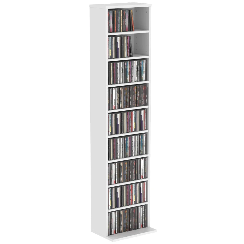 HOMCOM Regał na płyty CD/DVD, 9 poziomów, wąski regał stojący z 6 regulowanymi półkami, dla 260 płyt CD, Biały