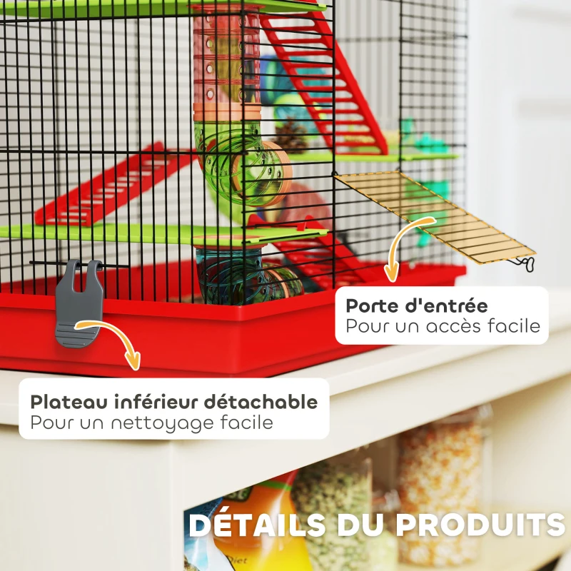 PawHut Cage pour hamster souris petit animaux rongeur avec tunnel mangeoire roue jouet 47 x 30 x 59 cm rouge