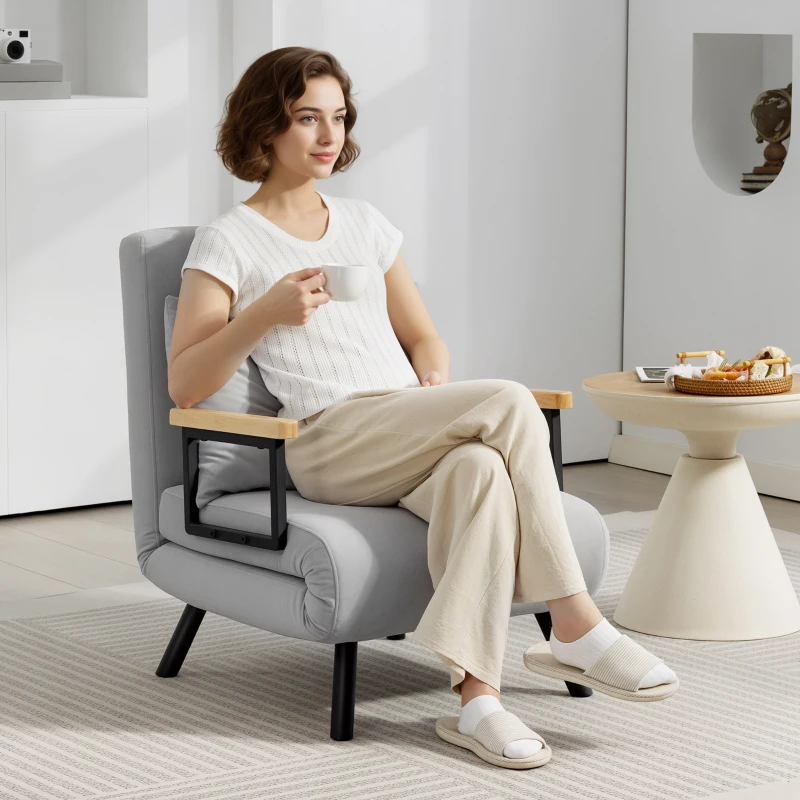 HOMCOM Poltrona Convertível em Cama Poltrona 3 em 1 Convertível em Cama com Encosto Ajustável em 5 Níveis 63x73x81 cm Cinza Claro
