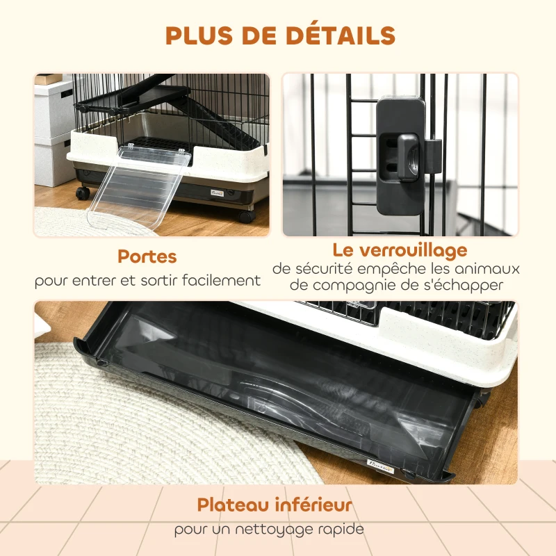 PawHut Cage pour lapin enclos à 5 niveaux avec 3 portes 5 rampes plateau amovible roulettes 81 x 52,5 x 159 cm noir et gris