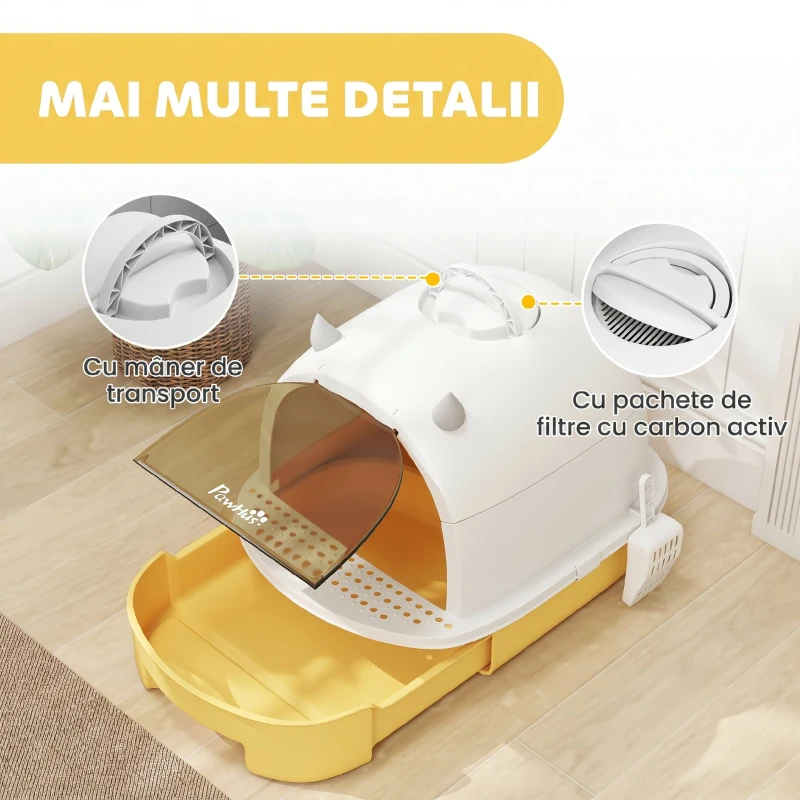 PawHut Litieră Închisă pentru Pisici cu Sertar Extensibil, Mâner, Lopățică și 2 Filtre cu Carbon Activ, Galben