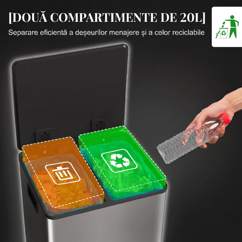 HOMCOM Coș de gunoi cu 2 compartimente de 20L cu pedală și capac silențios, din oțel inoxidabil și PP, 41,8x36,7x58 cm