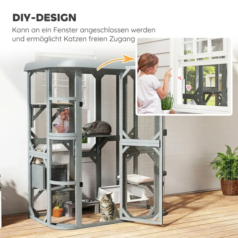 PawHut Katzengehege Outdoor begehbar Holz Katzenhaus mit 4 Plattformen wasserabweisend Oxford-Dach 2-3 Katze bis 8 kg