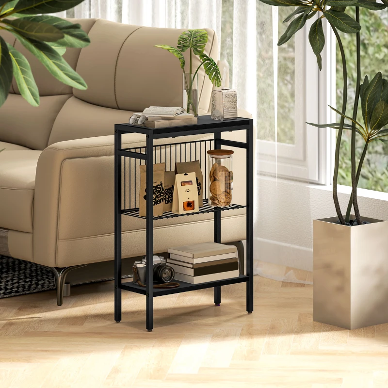 HOMCOM Mesa Auxiliar Estreita de 3 Níveis Mesinha Auxiliar Industrial com Prateleiras Abertas e Estrutura de Aço  43x18x62,5 cm Preto
