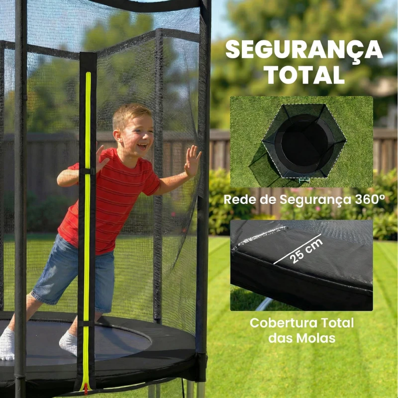 SPORTNOW Trampolim para Crianças Exterior Ø183 cm com Rede de Segurança Escada de 2 Degraus Cobertura de Molas Saco de Armazenamento Preto