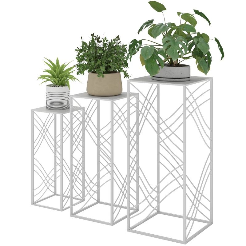 Outsunny 3er-Set Pflanzenständer, 50/60/70 cm hoch Blumenständer, stapelbar Pflanzenregal aus Metall Weiß