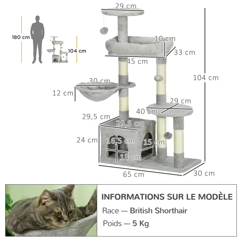 PawHut Arbre à chat hauteur 104 cm centre d'activités multi-niveaux colonnes renforcées 3 boules suspendues gris clair