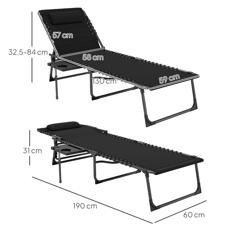 Outsunny Espreguiçadeira Dobrável com Encosto Ajustável Apoio de Cabeça Bolso Lateral Bandeja e Estrutura em Aço 190x60x31 cm Preto