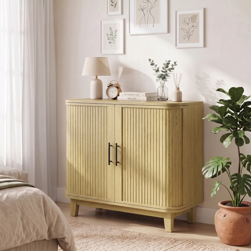 HOMCOM 80cm Sideboard Buffet Cabinet, Storage Cabinet with 2 Curved Doors, Adjustable Shelf and Legs for Dining Room, Oak