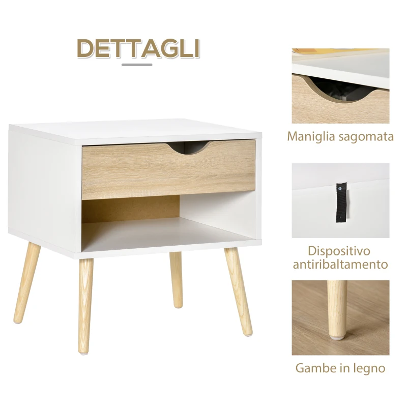 HOMCOM Set di 2 Set de 2 Noptiere Moderne cu Sertar şi  Etajera, Baza Înalţata şi Picioare din Lemn , 50x39x51cm, Alb şi Stejar (m-10)