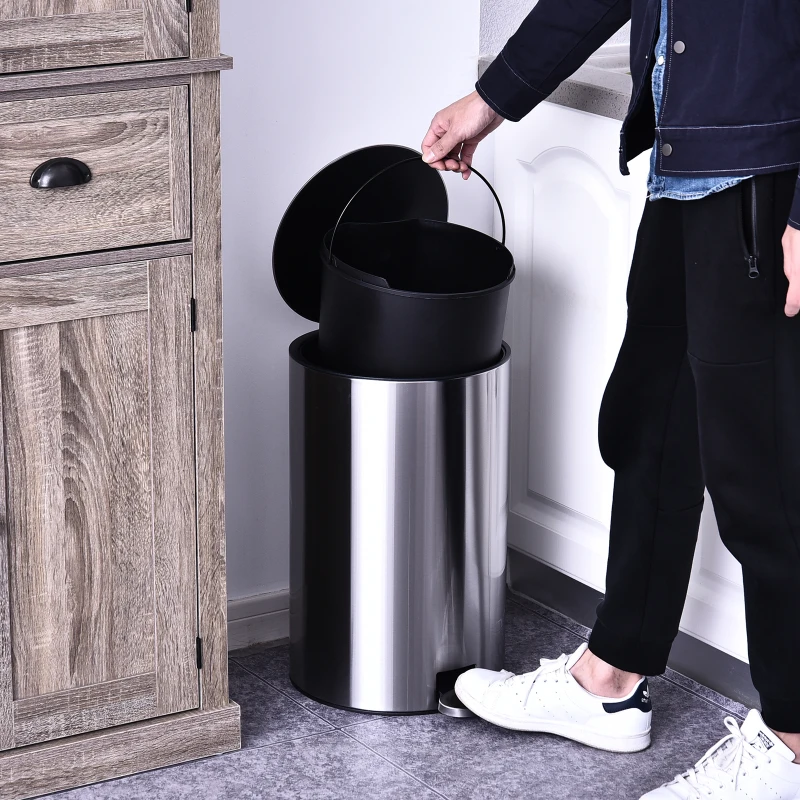 HOMCOM Abfalleimer Mülleimer Treteimer mit Inneneimer 12 L Soft Schließen Edelstahl PP Ø25,8 x H42 cm