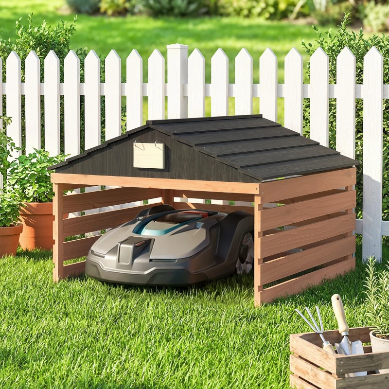 Outsunny Mähroboter Garage Holz Überdachung mit Satteldach wetterfest Garage für Rasenmäher Unterstand 79 x 74 x 54 cm Rotbraun