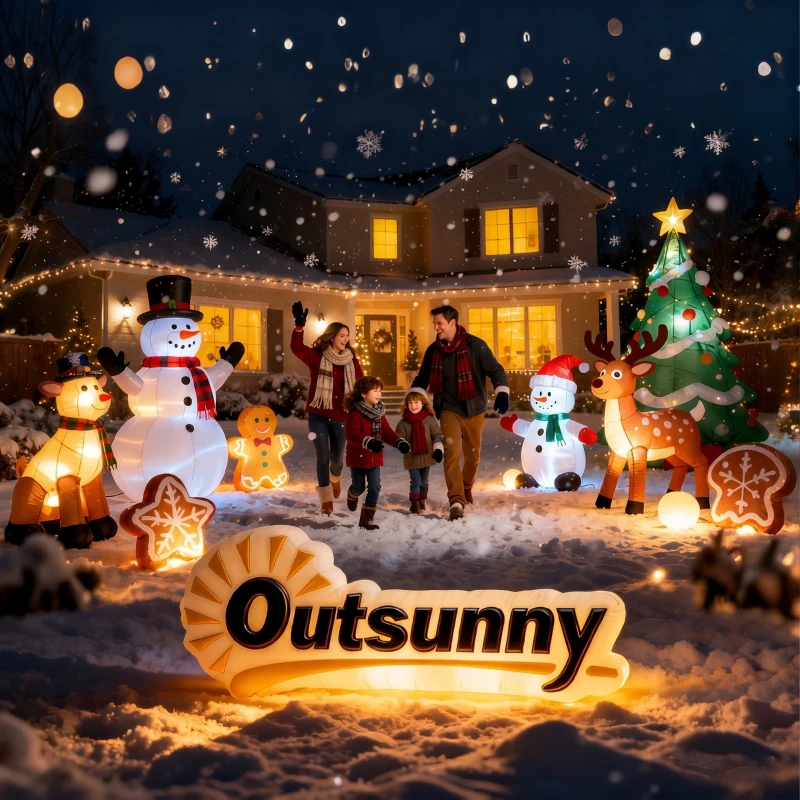 Outsunny Moș Crăciun Gonflabil cu Sanie și Reni de 2.4m cu 6 Lămpi LED și Sistem de Umflare pentru Exterior și Interior