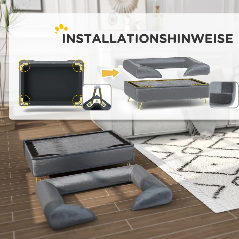 PawHut Hundesofa, Hundebett, waschbarer Bezug, für kleine Hunde bis 10kg, Holzrahmen, 76x53,5x34cm, Grau