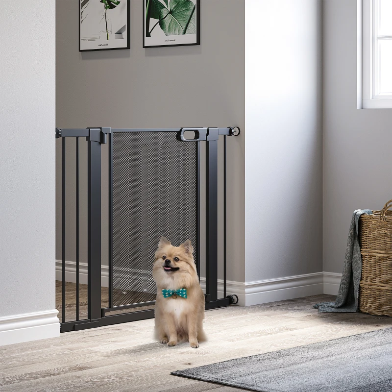PawHut Barreira de Segurança para Cães Extensível 75-103 cm com 2 Extensões Duplo Bloqueio Fechamento Automático Preto