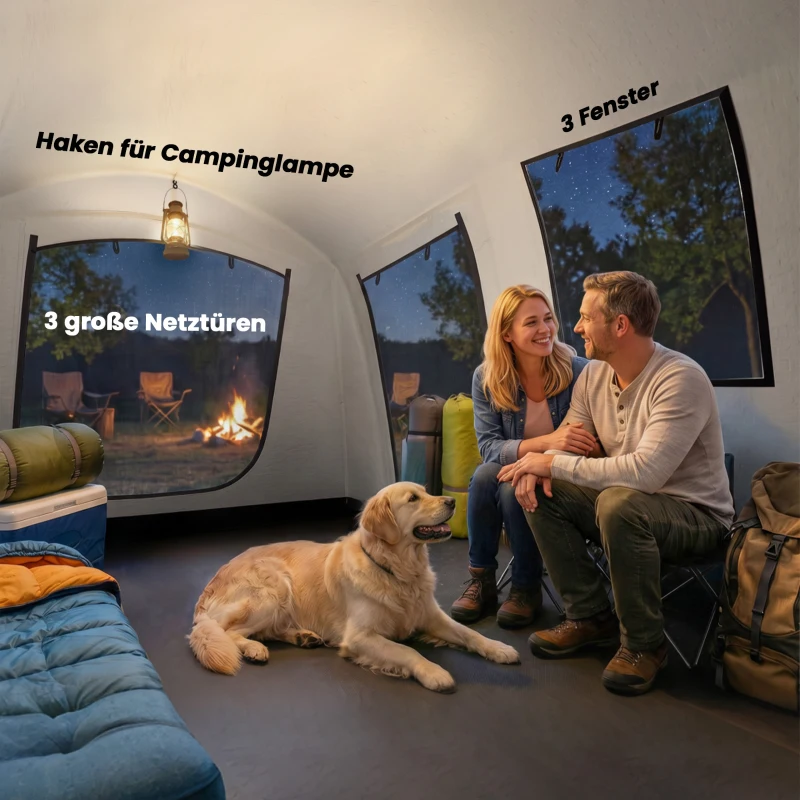 Outsunny Aufblasbares Zelt 2-4 Personen Schneller Aufbau Outdoor Zelt für Camping mit Luftpumpe Mesh Fenster Heringen Vordach