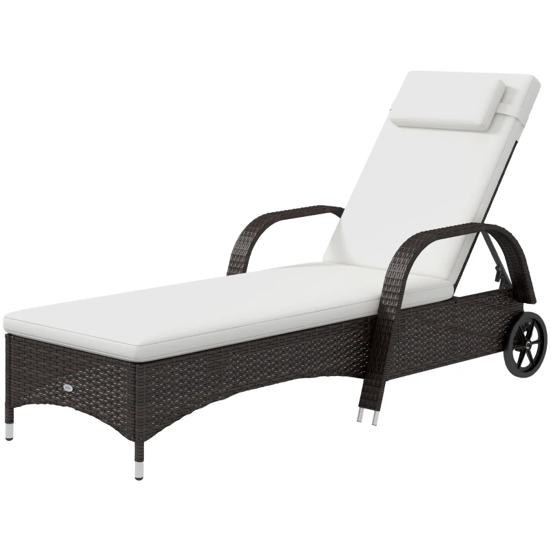 Outsunny Espreguiçadeira de Vime Jardim Espreguiçadeira com Encosto Ajustável em 5 Posições Almofadas Acolchoadas Apoio para a Cabeça e 2 Rodas 200x73x56-103cm Marrom e Bege
