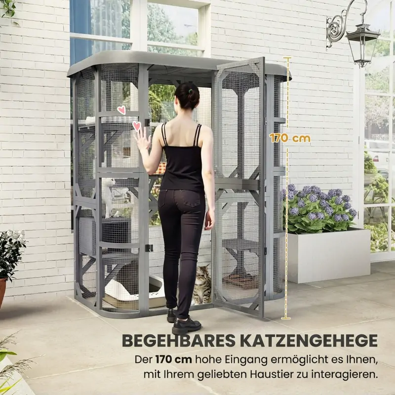 PawHut Katzengehege Outdoor begehbar Holz Katzenhaus mit 4 Plattformen wasserabweisend Oxford-Dach 2-3 Katze bis 8 kg