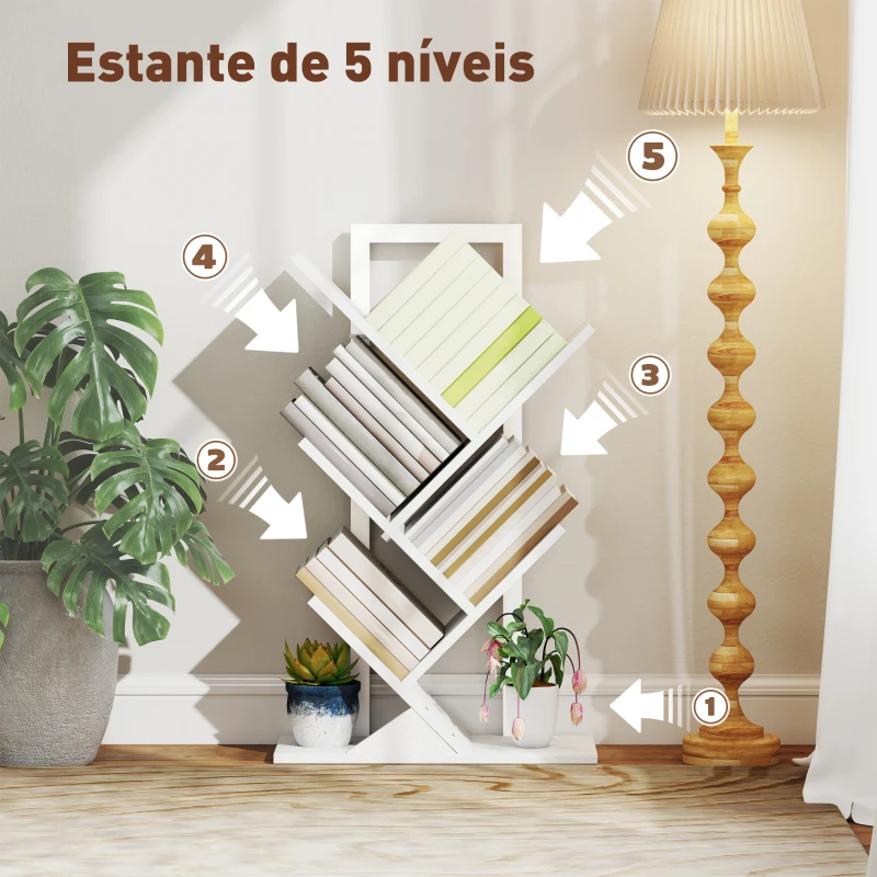 HOMCOM Estante em Forma de Árvore de 5 Níveis Estante de Livros com 5 Prateleiras e Estrutura de Aço 50x24x82 cm Branco