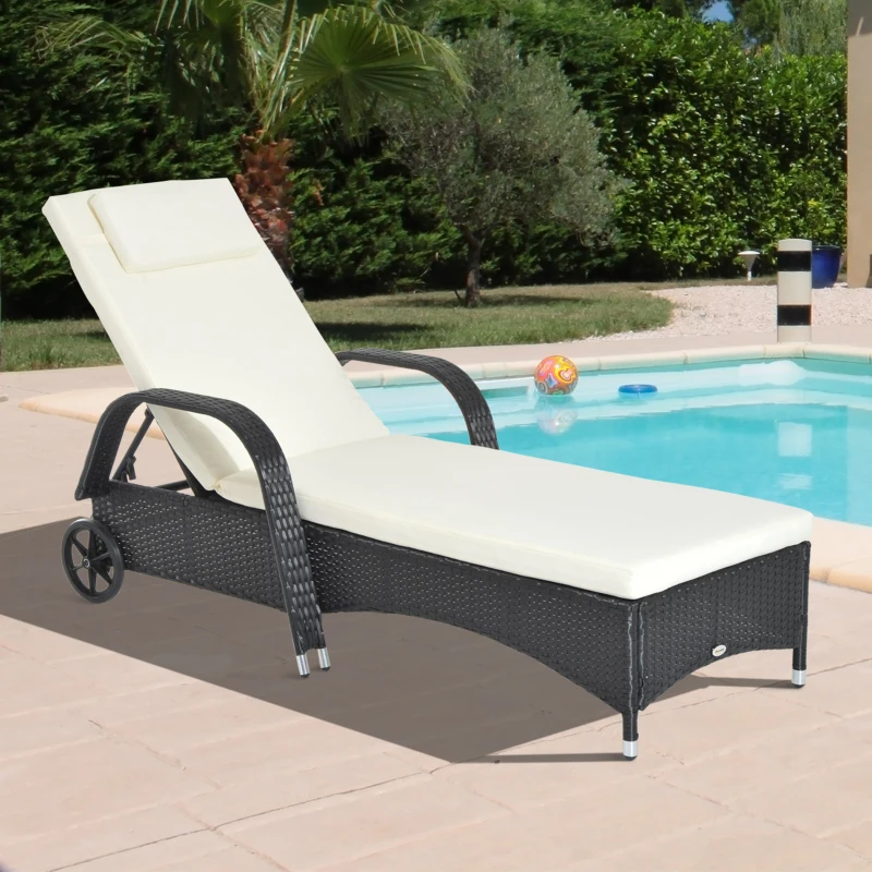 Outsunny Gartenliege mit Auflage, verstellbare Rückenlehne, Metallgestell, Polyrattan, schwarz+creme, 200 x 73 x 103 cm