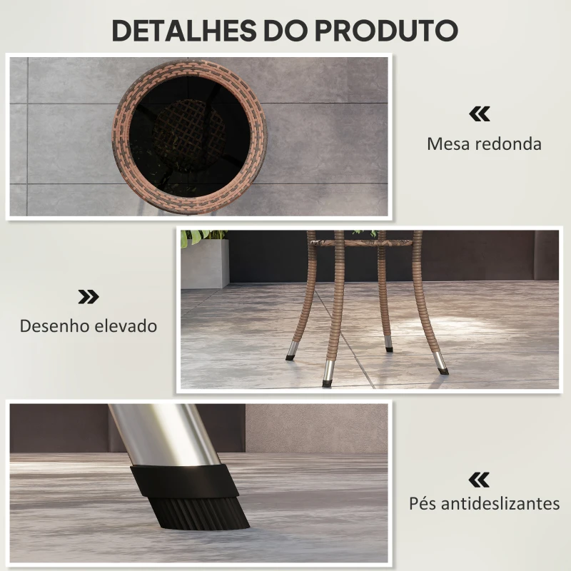 Outsunny Mesa de Vime Redonda Ø64x71 cm Mesa de Jardim com Estante e Tampo de Vidro Suporta 50 kg para Terraço Pátio Castanho