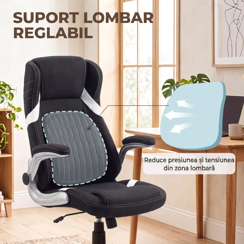 Vinsetto Scaun de Birou Ergonomic din Material Tip In, cu Suport Lombar, Înălțime Reglabilă, Funcție Balans, Negru