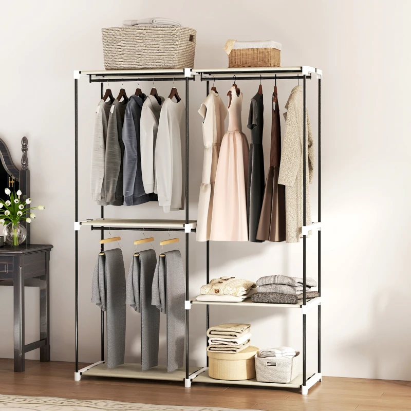 HOMCOM Armário de Roupa Aberto 142x43x185 cm Armário para Roupas com 4 Prateleiras de Tecido 3 Barras para Pendurar Creme