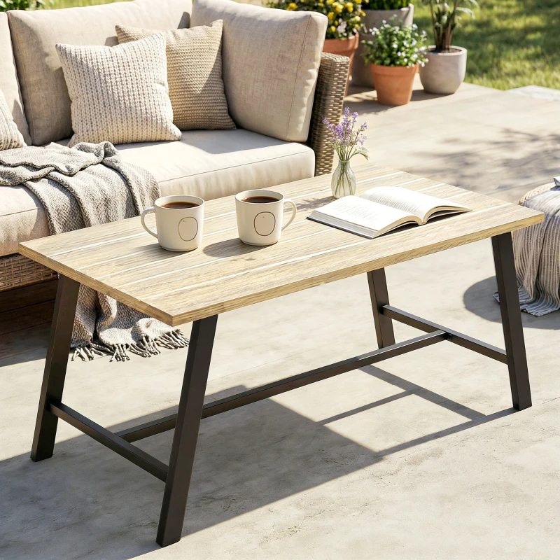 Outsunny Outdoor-Couchtisch, rechteckiger Metall-Beistelltisch mit Tischplatte in Holzoptik, 100 x 55 cm, Braun
