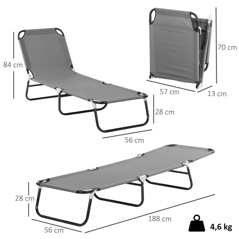 Outsunny Espreguiçadeira Dobrável Reclinável com Ângulo Ajustável de 3 Posições para Exterior Carga 120 kg 188x56x28 cm Cinza