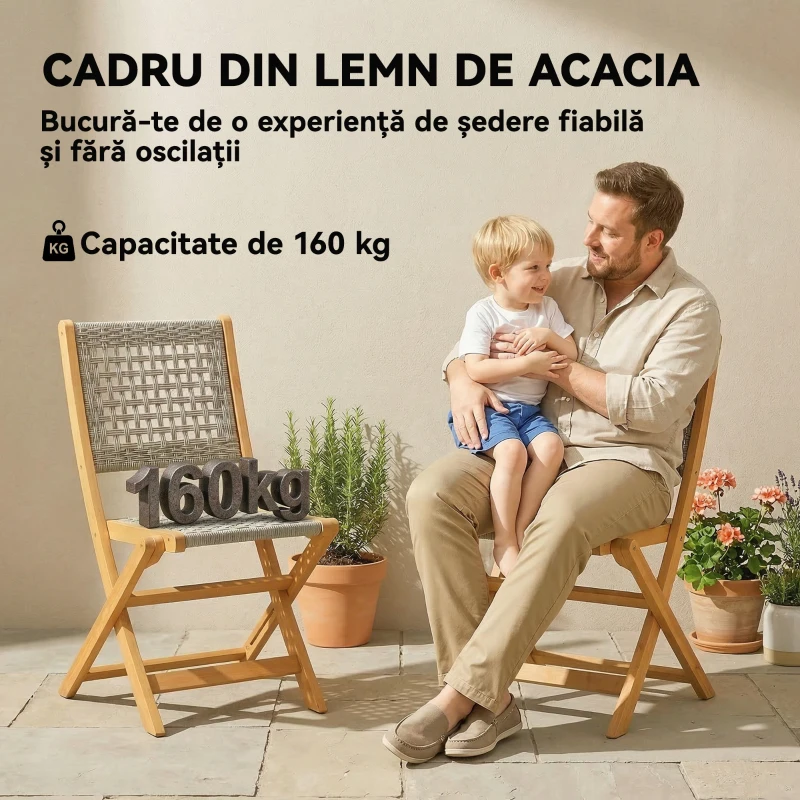 Outsunny Set de 2 Scaune de Grădină Pliabile din Lemn de Salcâm, Gri