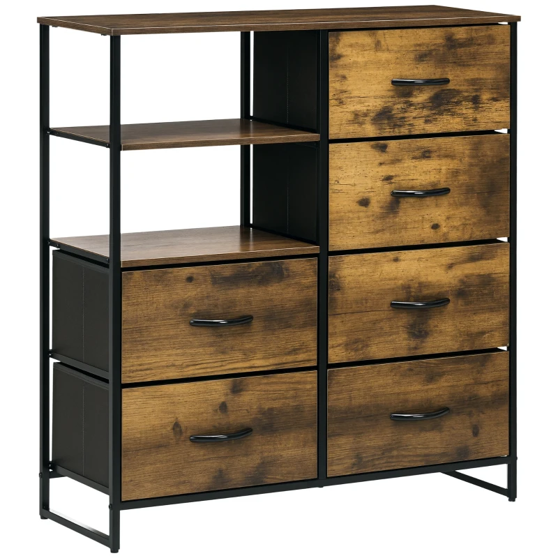 HOMCOM Kommode mit sechs Schubladen, offene Regale, MDF und Stahl, 84x30x92 cm, Braun/Schwarz, verstellbare Füße