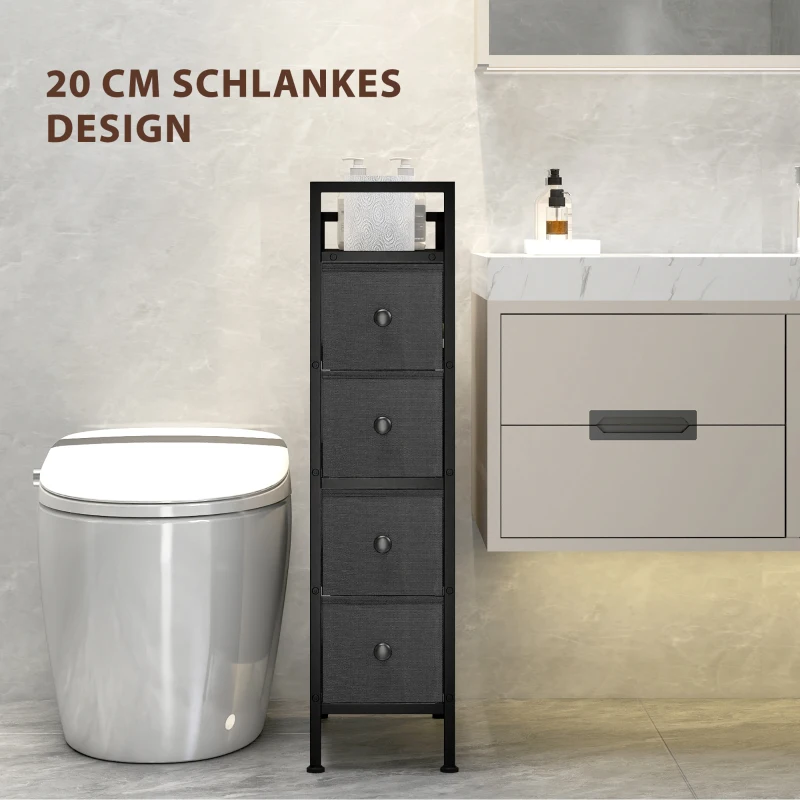 HOMCOM Kommode Schrank mit 4 Schubladen aus Vliesstoff Aufbewahrungsschrank mit Stahlrahmen, 20cm x 43cm x 81,5cm, Schwarz
