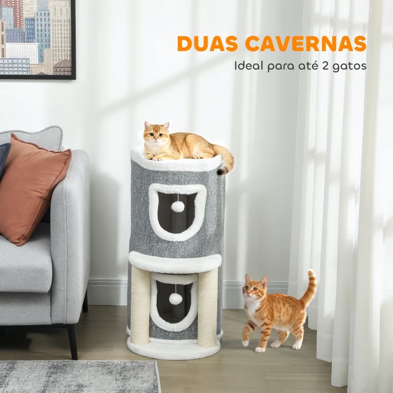 PawHut Arranhador para Gatos com Cama 2 Cavernas Postes de Sisal Tapete de Arranhar e Bolas para Brincar 50x36x76 cm Cinzento