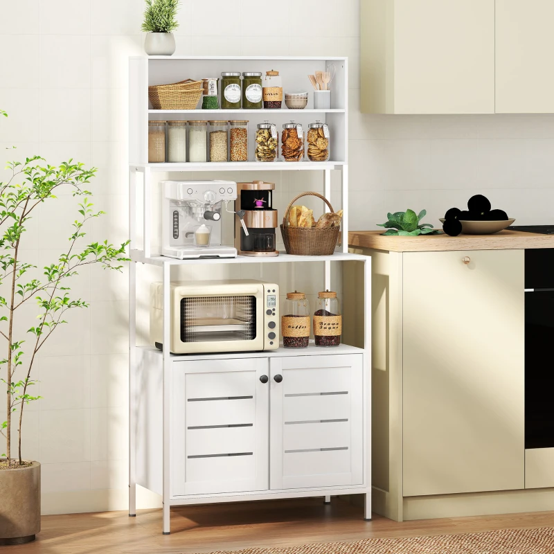 HOMCOM Armário de Cozinha com Tomada de Corrente Suporte para Micro-Ondas 2 Entradas USB e Compartimentos 80x42x171 cm Branco