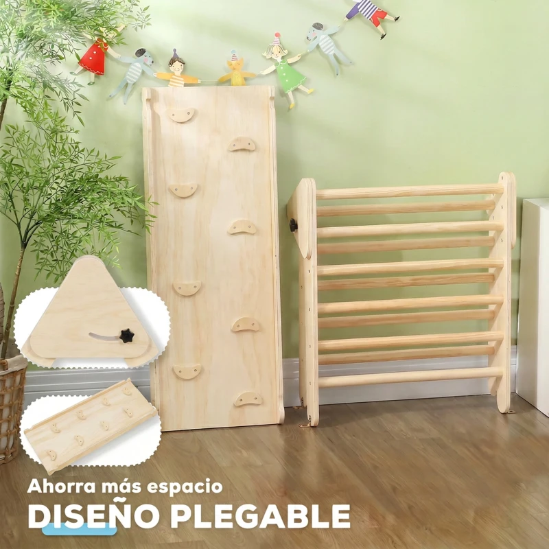 AIYAPLAY Triángulo de Escalada de Madera 3 en 1 con Rampa para Deslizarse o Escalar 147x64,5x63 cm Natural