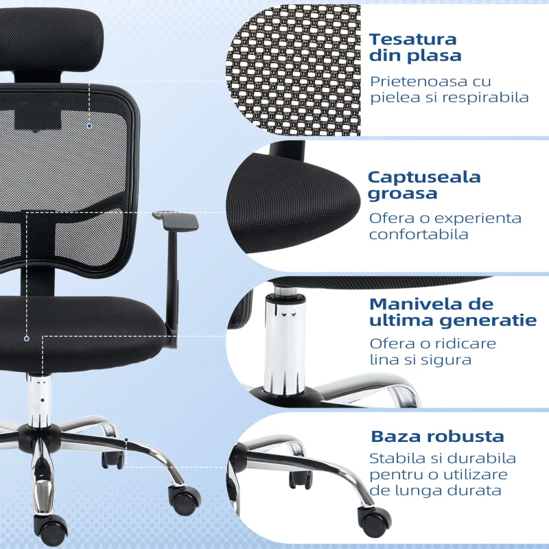 Scaun de birou ergonomic Vinsetto cu șezut reglabil și tetieră, din poliester și oțel, 63x62x106-114 cm, Negru