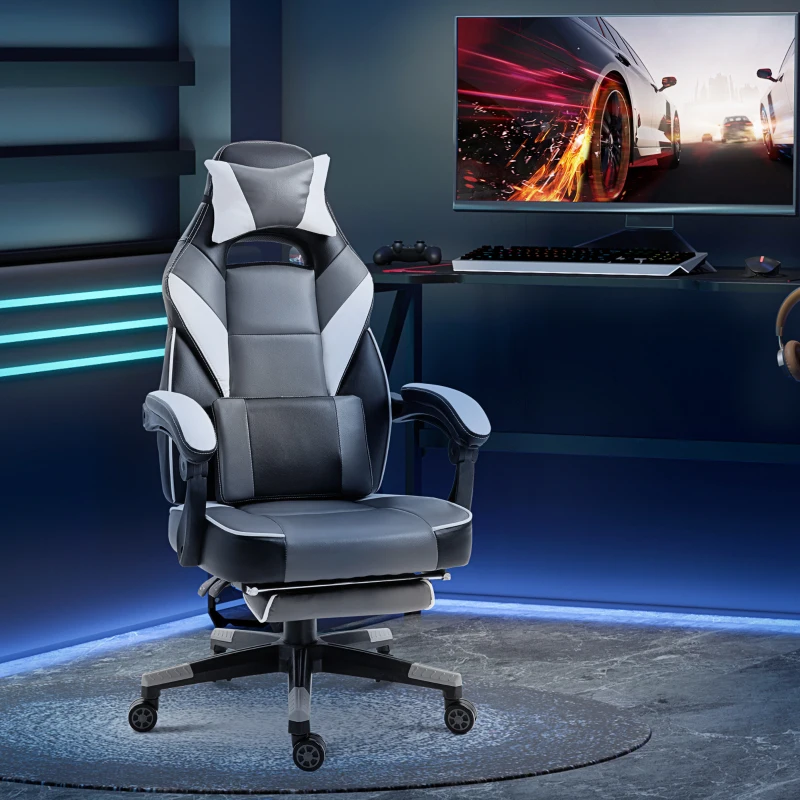 Vinsetto Ergonomischer Bürostuhl, Gaming Stuhl, Drehstuhl mit Lendenkissen und Fußstütze, Kunstleder, Grau, Weiß, Schwarz, 68 x 70 x 120-127 cm