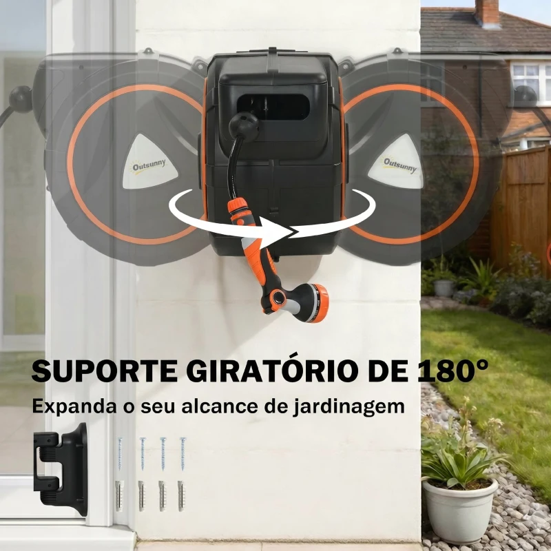 Outsunny Carretel de Mangueira Retrátil 23+2 m com 12 Modos de Pulverização Bloqueio Automático Retração Controlada Suporte Laranja