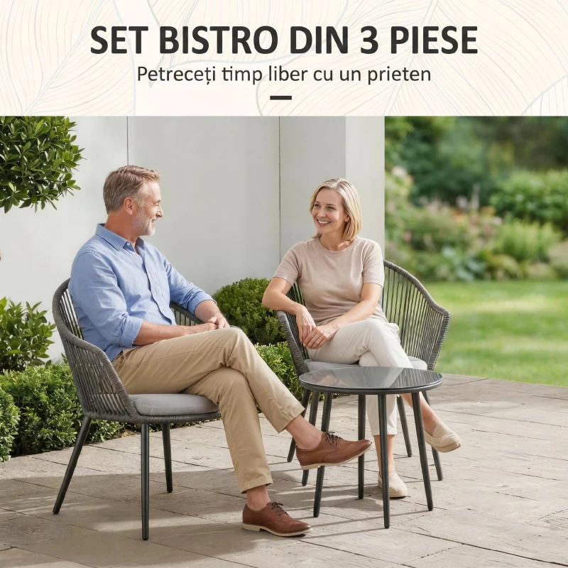 Outsunny Set Bistro de Terasă din 3 Piese, Set de Mobilier din Rachiță cu 2 Fotolii și Masă de Sticlă, 65x63x80 cm, Gri