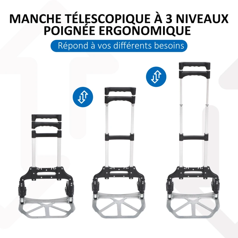 HOMCOM Chariot diable pliable leger telescopique charge 70kg en aluminium argent-noir